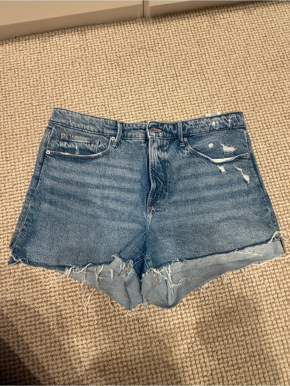 Good American Medium Blue Distressed High-Rise Jean Shorts
